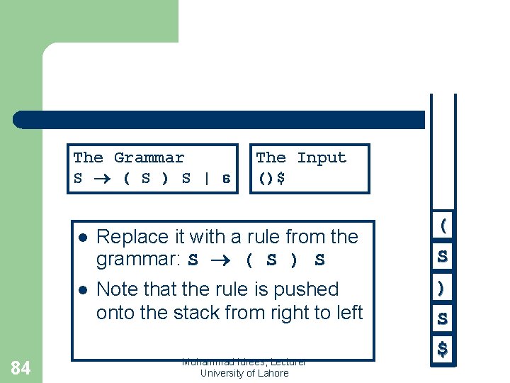 The Grammar S ( S ) S | 84 The Input ()$ l Replace