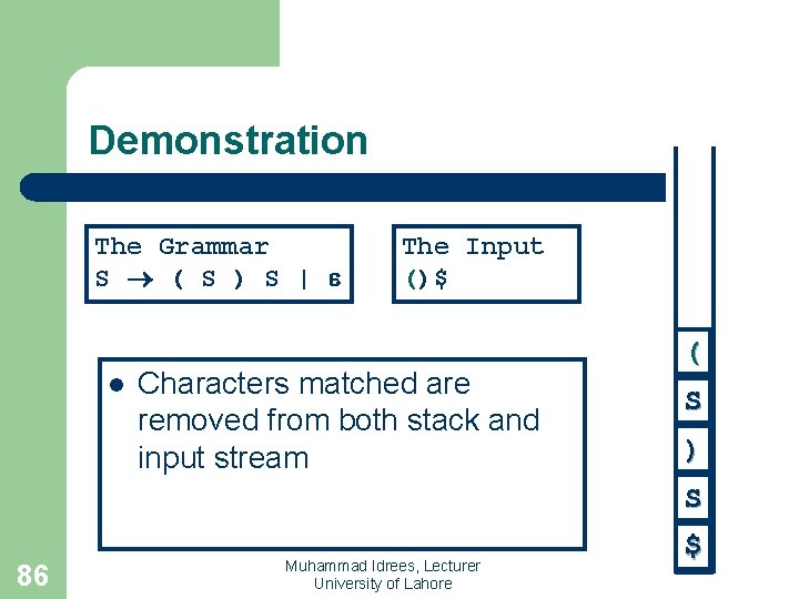 Demonstration The Grammar S ( S ) S | l The Input ()$ Characters