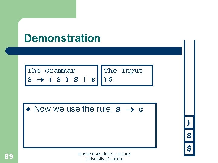 Demonstration The Grammar S ( S ) S | l The Input )$ Now