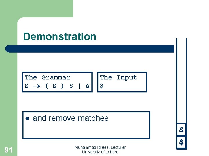 Demonstration The Grammar S ( S ) S | l The Input $ and