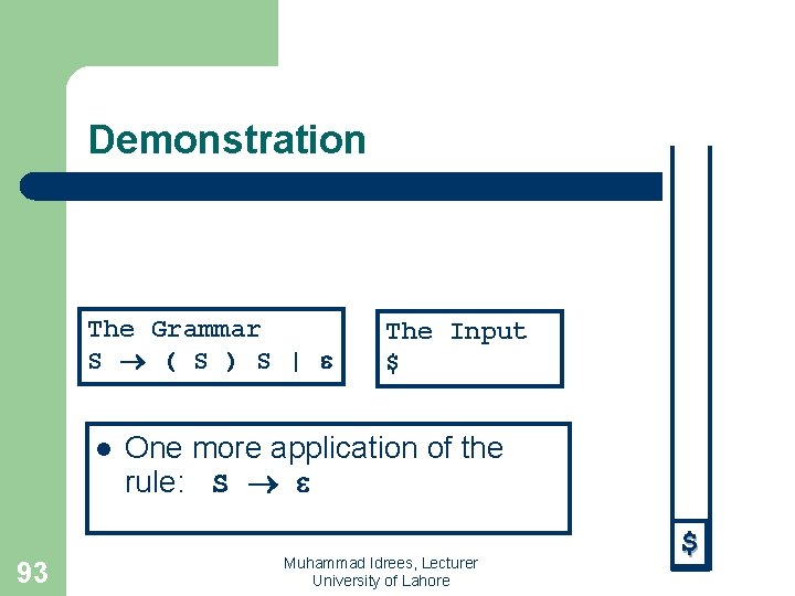 Demonstration The Grammar S ( S ) S | l 93 The Input $