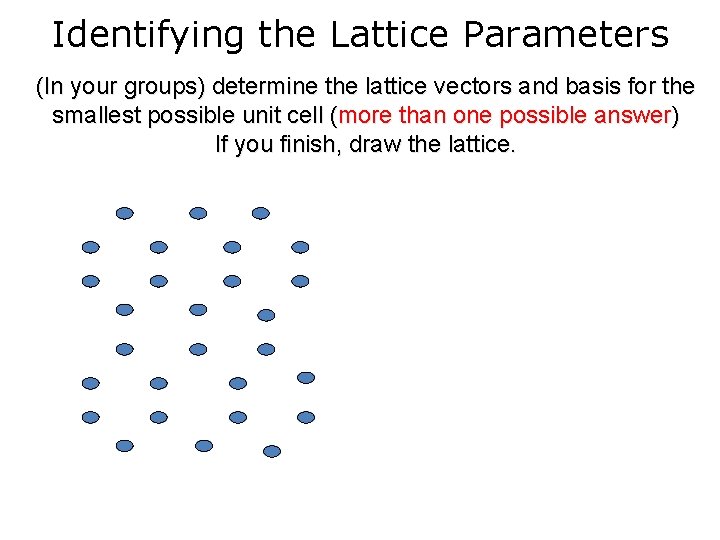 Identifying the Lattice Parameters (In your groups) determine the lattice vectors and basis for Identifying the Lattice Parameters (In your groups) determine the lattice vectors and basis for