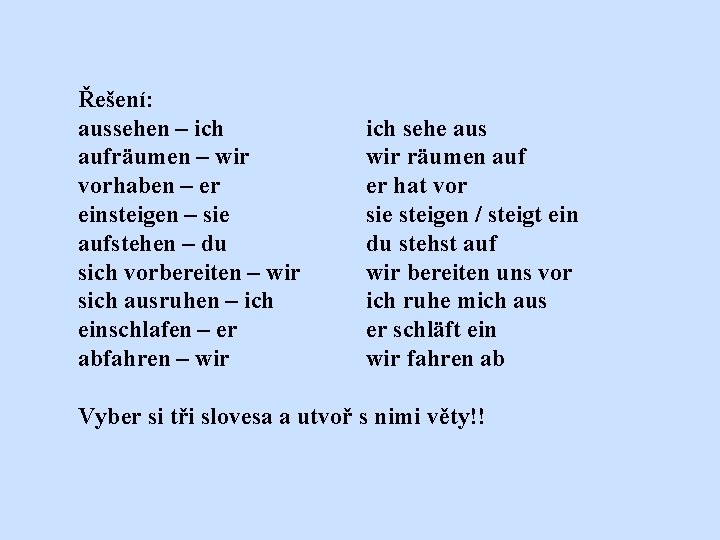 Řešení: aussehen – ich aufräumen – wir vorhaben – er einsteigen – sie aufstehen