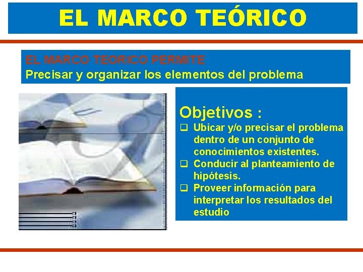 EL MARCO TEÓRICO EL MARCO TEORICO PERMITE Precisar y organizar los elementos del problema