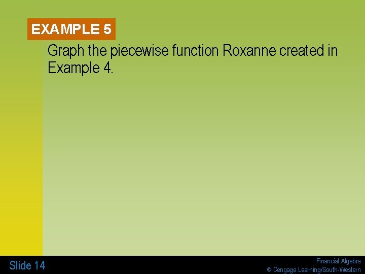 EXAMPLE 5 Graph the piecewise function Roxanne created in Example 4. Slide 14 Financial