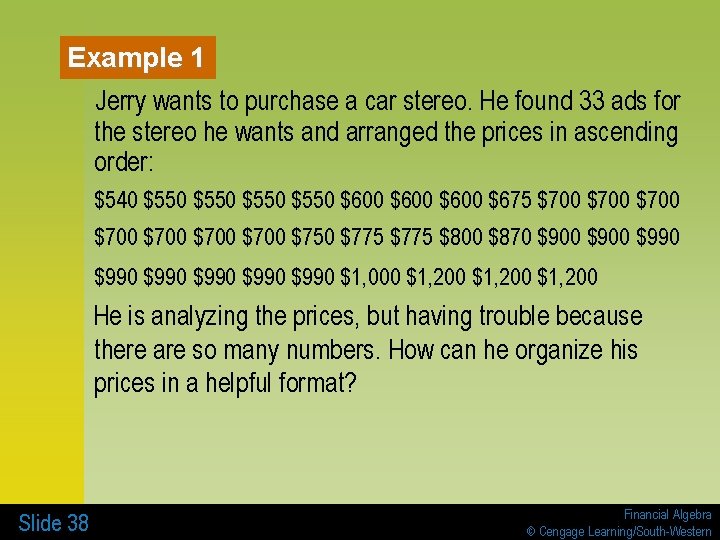 Example 1 Jerry wants to purchase a car stereo. He found 33 ads for