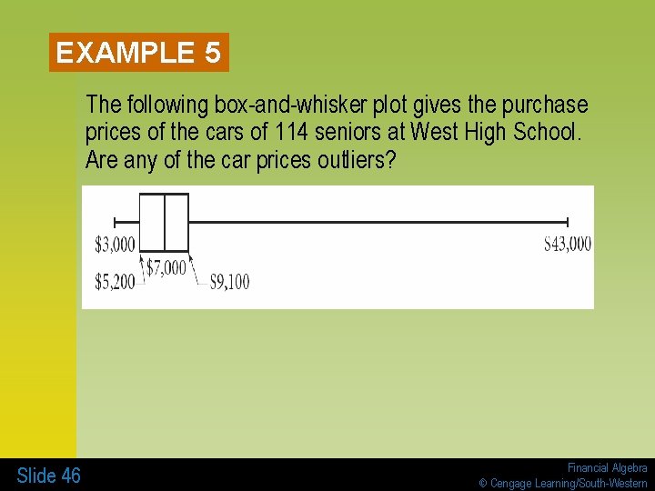 EXAMPLE 5 The following box-and-whisker plot gives the purchase prices of the cars of