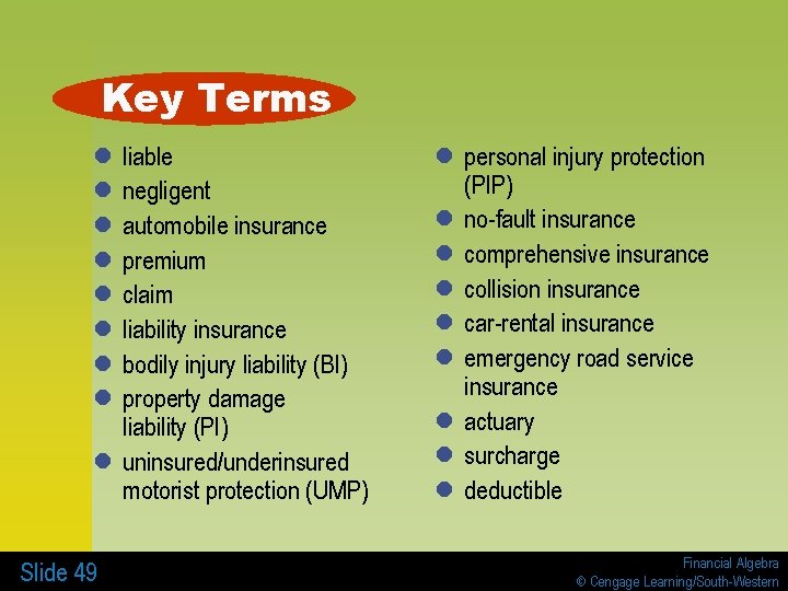 Key Terms liable negligent automobile insurance premium claim liability insurance bodily injury liability (BI)