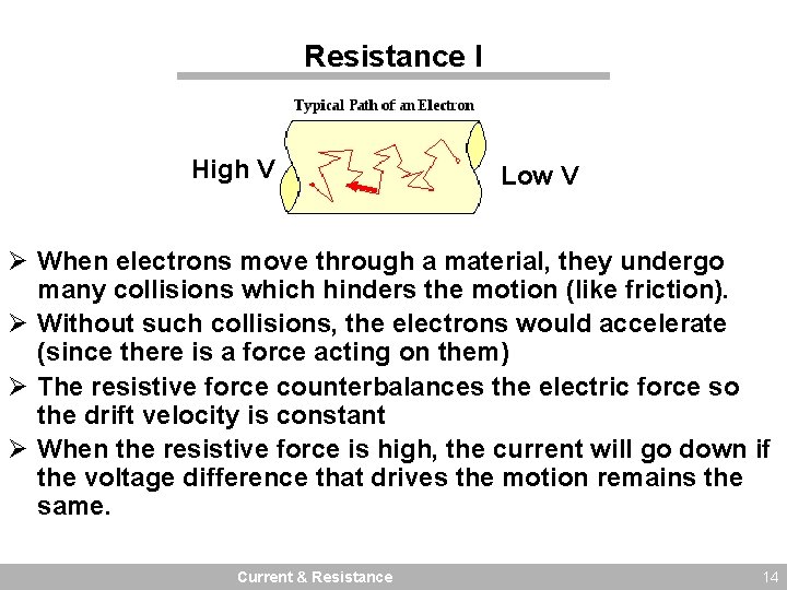 Resistance I High V Low V Ø When electrons move through a material, they
