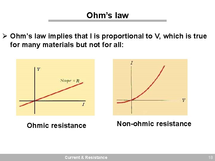 Ohm’s law Ø Ohm’s law implies that I is proportional to V, which is