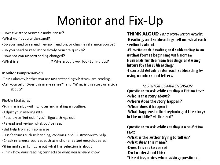 Monitor and Fix-Up -Does the story or article make sense? -What don’t you understand?