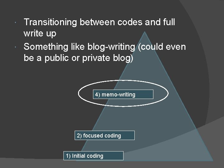 Transitioning between codes and full write up Something like blog-writing (could even be a