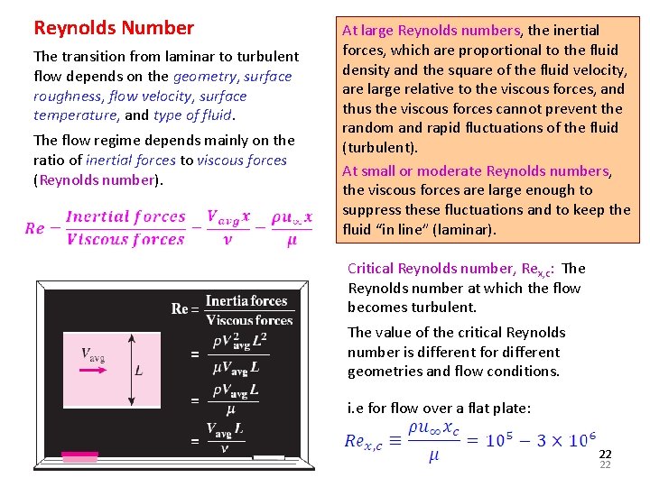 Reynolds Number The transition from laminar to turbulent flow depends on the geometry, surface