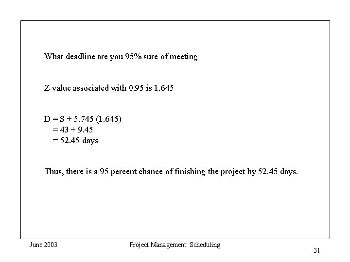 What deadline are you 95% sure of meeting Z value associated with 0. 95