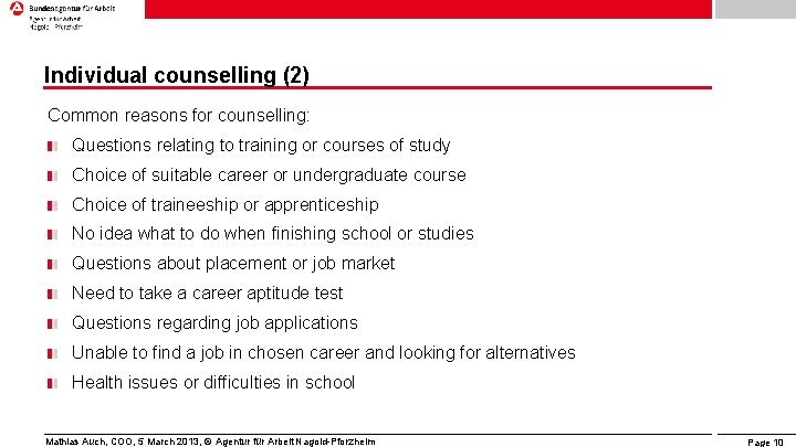 Individual counselling (2) Common reasons for counselling: Questions relating to training or courses of Individual counselling (2) Common reasons for counselling: Questions relating to training or courses of