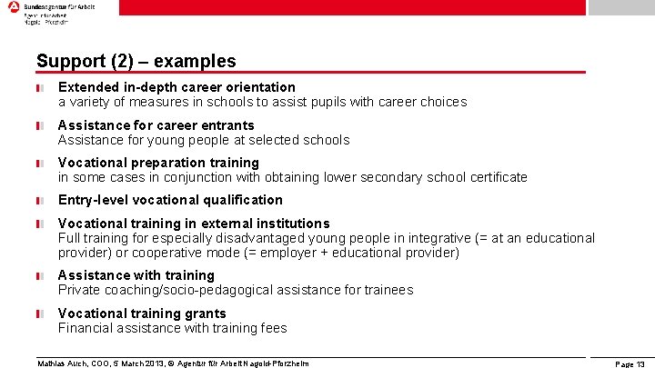 Support (2) – examples Extended in-depth career orientation a variety of measures in schools Support (2) – examples Extended in-depth career orientation a variety of measures in schools