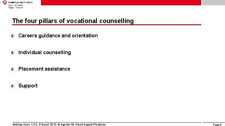 The four pillars of vocational counselling Careers guidance and orientation Individual counselling Placement assistance The four pillars of vocational counselling Careers guidance and orientation Individual counselling Placement assistance