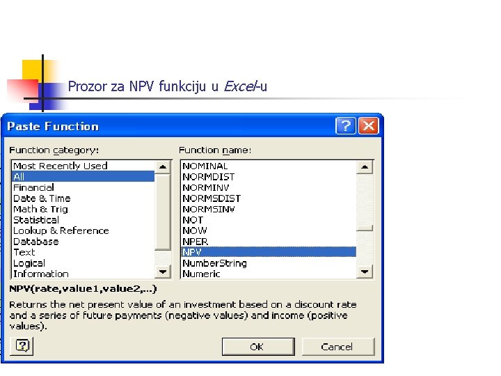 Prozor za NPV funkciju u Excel-u 