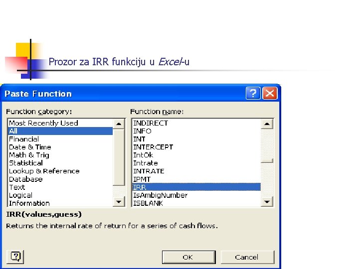 Prozor za IRR funkciju u Excel-u 