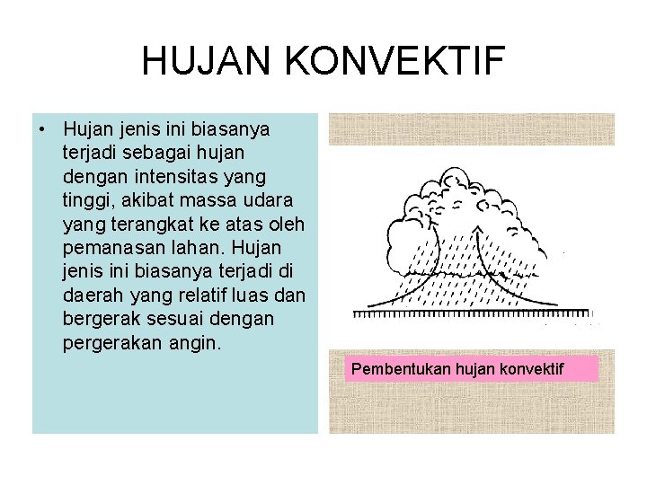 HUJAN KONVEKTIF • Hujan jenis ini biasanya terjadi sebagai hujan dengan intensitas yang tinggi,