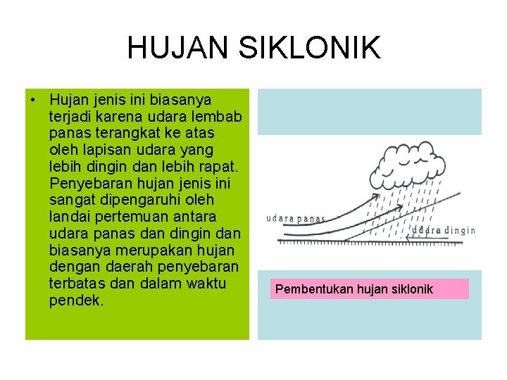 HUJAN SIKLONIK • Hujan jenis ini biasanya terjadi karena udara lembab panas terangkat ke