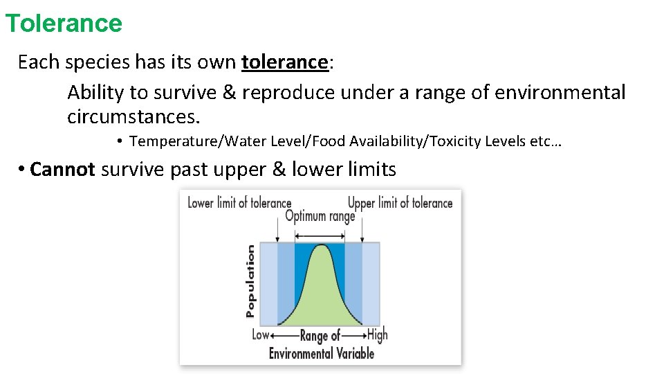 Tolerance Each species has its own tolerance: Ability to survive & reproduce under a