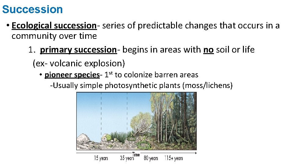 Succession • Ecological succession- series of predictable changes that occurs in a community over