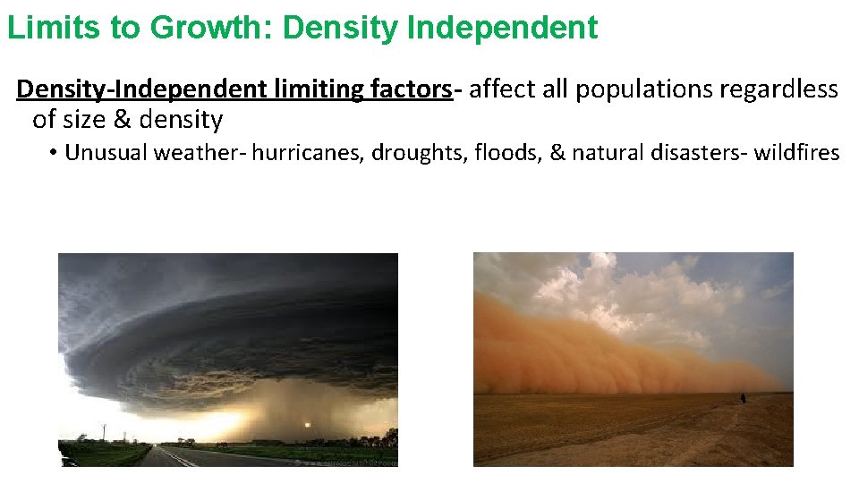 Limits to Growth: Density Independent Density-Independent limiting factors- affect all populations regardless of size