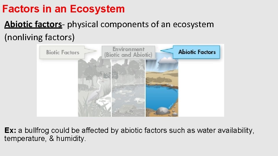 Factors in an Ecosystem Abiotic factors- physical components of an ecosystem (nonliving factors) Ex: