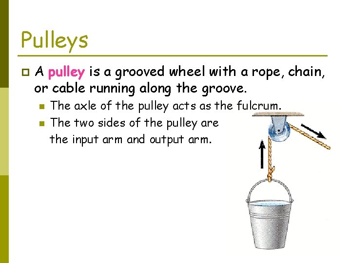 Pulleys p A pulley is a grooved wheel with a rope, chain, or cable