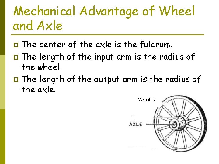 Mechanical Advantage of Wheel and Axle The center of the axle is the fulcrum.