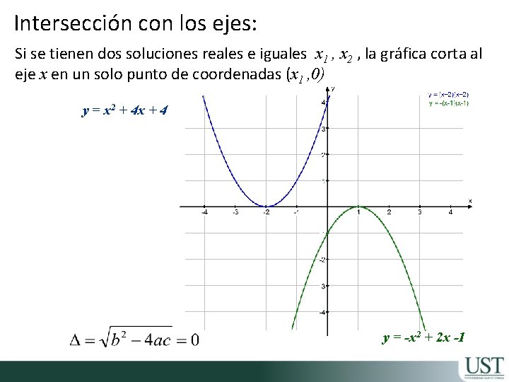 Intersección con los ejes: Si se tienen dos soluciones reales e iguales x 1