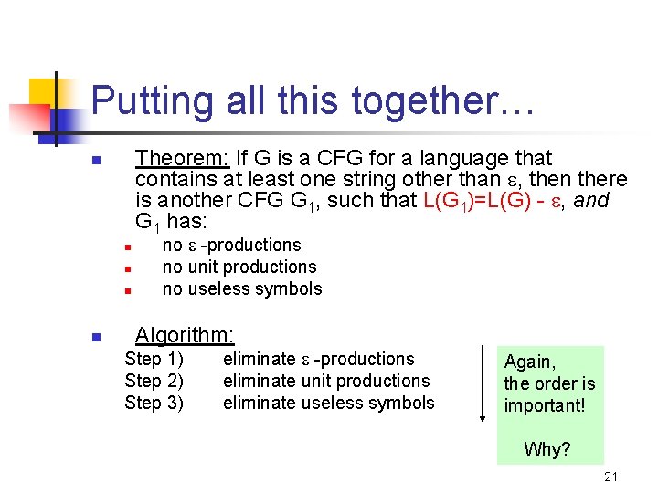 Putting all this together… Theorem: If G is a CFG for a language that