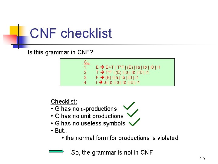 CNF checklist Is this grammar in CNF? G 1: 1. 2. 3. 4. E