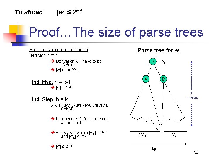 To show: |w| ≤ 2 h-1 Proof…The size of parse trees Proof: (using induction