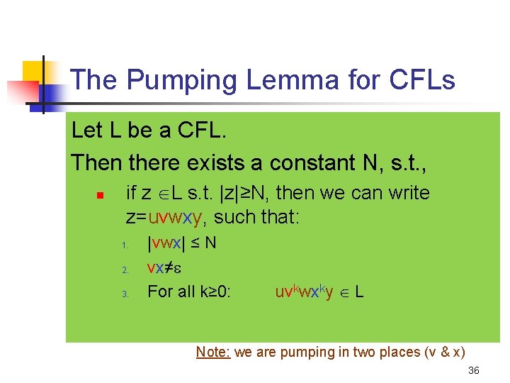 The Pumping Lemma for CFLs Let L be a CFL. Then there exists a