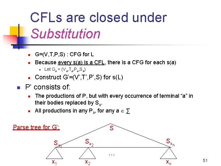 CFLs are closed under Substitution n n G=(V, T, P, S) : CFG for