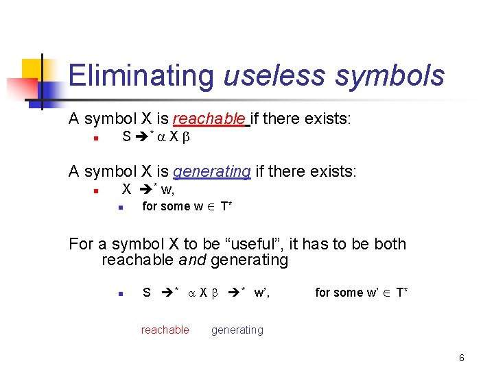 Eliminating useless symbols A symbol X is reachable if there exists: n S *