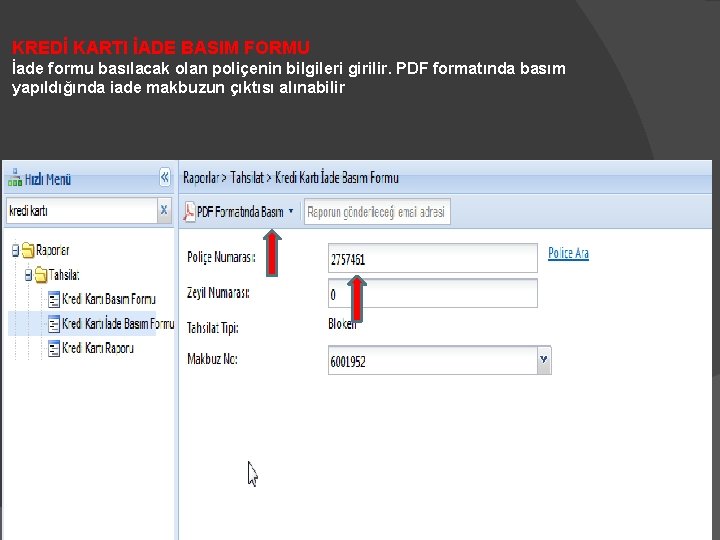 KREDİ KARTI İADE BASIM FORMU İade formu basılacak olan poliçenin bilgileri girilir. PDF formatında