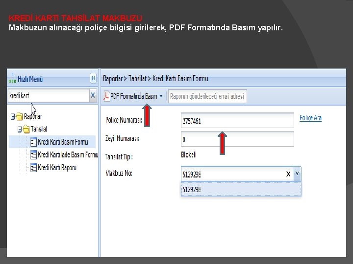 KREDİ KARTI TAHSİLAT MAKBUZU Makbuzun alınacağı poliçe bilgisi girilerek, PDF Formatında Basım yapılır. 
