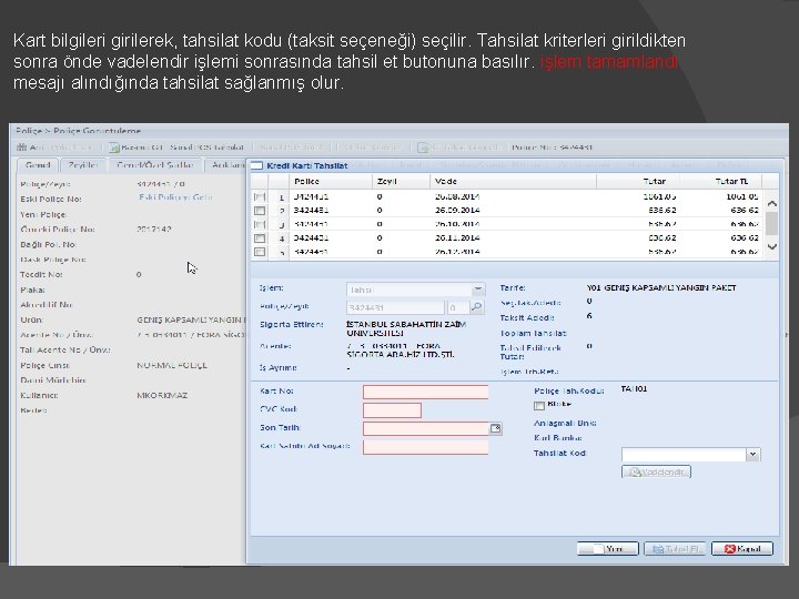 Kart bilgileri girilerek, tahsilat kodu (taksit seçeneği) seçilir. Tahsilat kriterleri girildikten sonra önde vadelendir