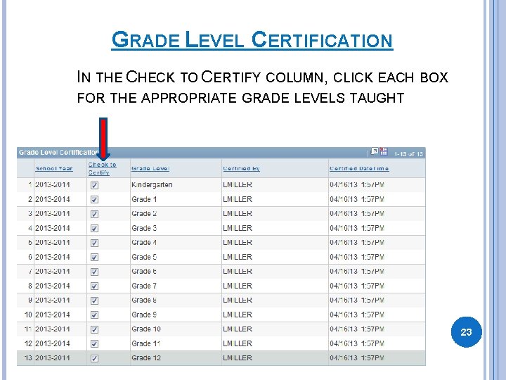GRADE LEVEL CERTIFICATION IN THE CHECK TO CERTIFY COLUMN, CLICK EACH BOX FOR THE GRADE LEVEL CERTIFICATION IN THE CHECK TO CERTIFY COLUMN, CLICK EACH BOX FOR THE