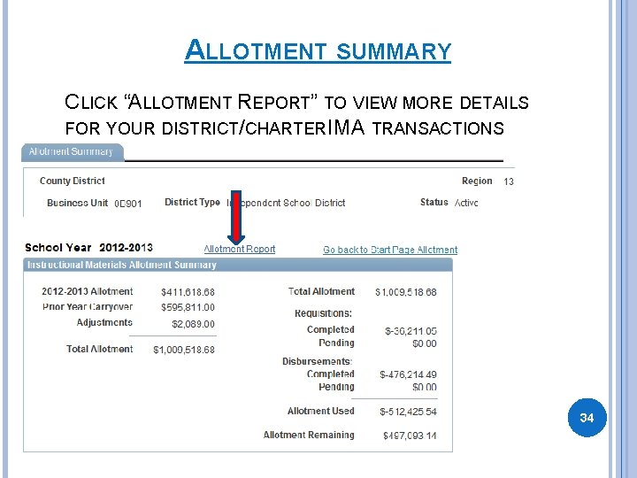 ALLOTMENT SUMMARY CLICK “ALLOTMENT REPORT” TO VIEW MORE DETAILS FOR YOUR DISTRICT/CHARTER IMA TRANSACTIONS ALLOTMENT SUMMARY CLICK “ALLOTMENT REPORT” TO VIEW MORE DETAILS FOR YOUR DISTRICT/CHARTER IMA TRANSACTIONS