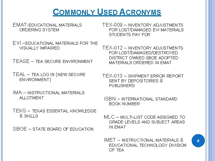 COMMONLY USED ACRONYMS EMAT-EDUCATIONAL MATERIALS ORDERING SYSTEM TEX-009 – INVENTORY ADJUSTMENTS FOR LOST/DAMAGED EVI COMMONLY USED ACRONYMS EMAT-EDUCATIONAL MATERIALS ORDERING SYSTEM TEX-009 – INVENTORY ADJUSTMENTS FOR LOST/DAMAGED EVI