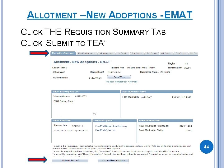 ALLOTMENT – NEW ADOPTIONS - EMAT CLICK THE REQUISITION SUMMARY TAB CLICK ‘SUBMIT TO ALLOTMENT – NEW ADOPTIONS - EMAT CLICK THE REQUISITION SUMMARY TAB CLICK ‘SUBMIT TO