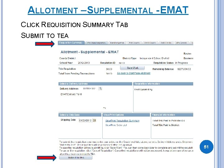 ALLOTMENT – SUPPLEMENTAL - EMAT CLICK REQUISITION SUMMARY TAB SUBMIT TO TEA 51 ALLOTMENT – SUPPLEMENTAL - EMAT CLICK REQUISITION SUMMARY TAB SUBMIT TO TEA 51