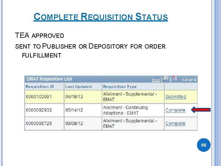 COMPLETE REQUISITION STATUS TEA APPROVED SENT TO PUBLISHER OR DEPOSITORY FOR ORDER FULFILLMENT 58 COMPLETE REQUISITION STATUS TEA APPROVED SENT TO PUBLISHER OR DEPOSITORY FOR ORDER FULFILLMENT 58