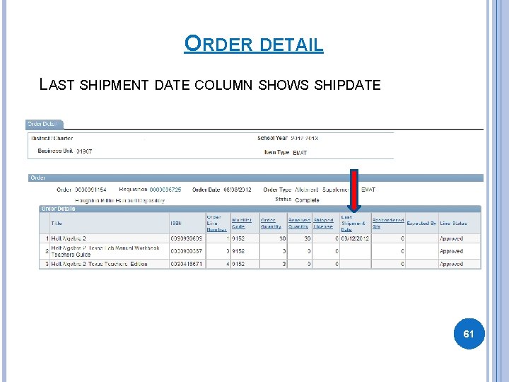 ORDER DETAIL LAST SHIPMENT DATE COLUMN SHOWS SHIP DATE 61 ORDER DETAIL LAST SHIPMENT DATE COLUMN SHOWS SHIP DATE 61