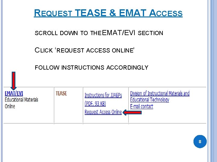 REQUEST TEASE & EMAT ACCESS SCROLL DOWN TO THE EMAT/EVI SECTION CLICK ‘REQUEST ACCESS REQUEST TEASE & EMAT ACCESS SCROLL DOWN TO THE EMAT/EVI SECTION CLICK ‘REQUEST ACCESS