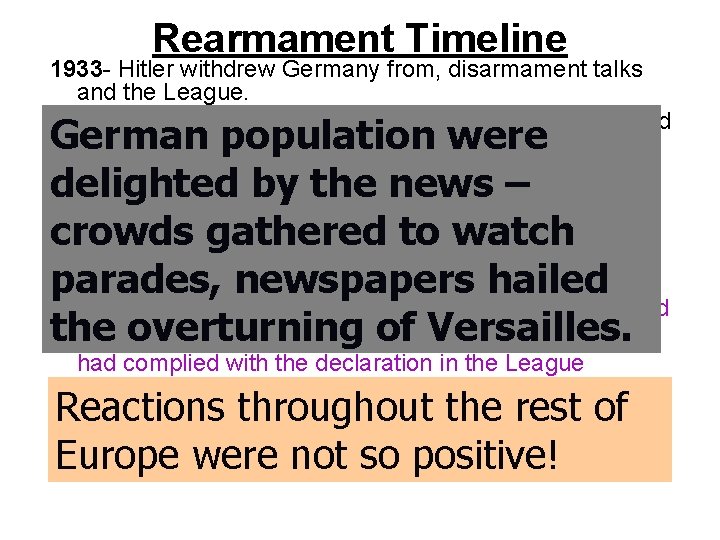 Rearmament Timeline 1933 - Hitler withdrew Germany from, disarmament talks and the League. 1934